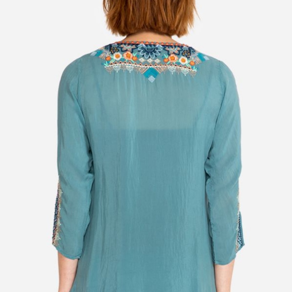 Johnny Was Teal V-Neck Embroidered Flutter Sleeve Blouse - Picture 4 of 5